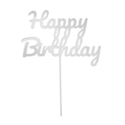 Topper para tartas plateado Happy Birthday 12 cm