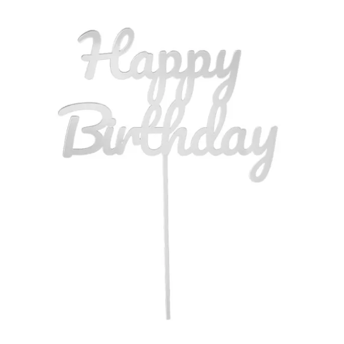 Topper para tartas plateado Happy Birthday 12 cm