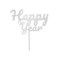 Topper para tartas plateado Happy New Year 12 cm
