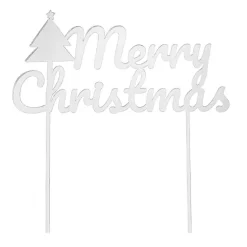 Topper para tartas plateado Merry Christmas con árbol 18 cm