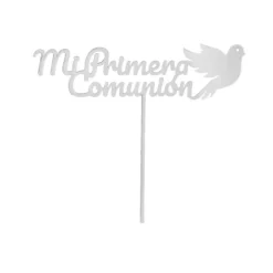 Topper para tartas plateado Mi Primera Comunión con paloma 12 cm