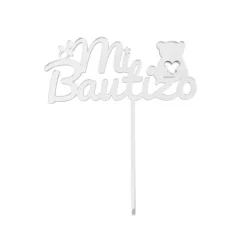 Topper para tartas plateado Mi Bautizo con osito y chupete 12 cm