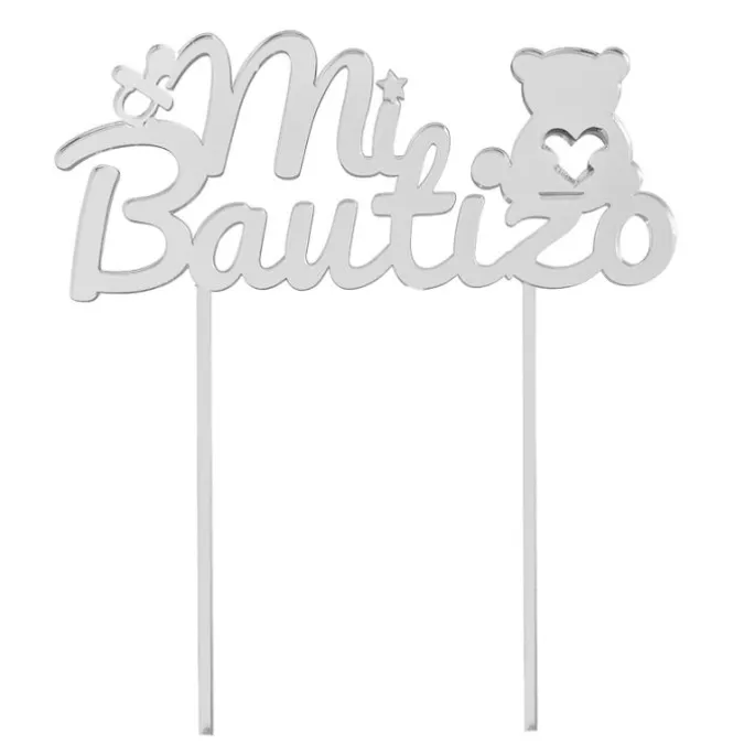 Topper para tartas plateado Mi Bautizo con osito y chupete 18 cm