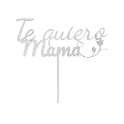 Topper para tartas plateado Te quiero Mamá con corazón y rosa 12 cm