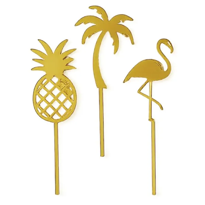 Toppers para tartas dorados flamenco, palmera y piña 6 cm (3)
