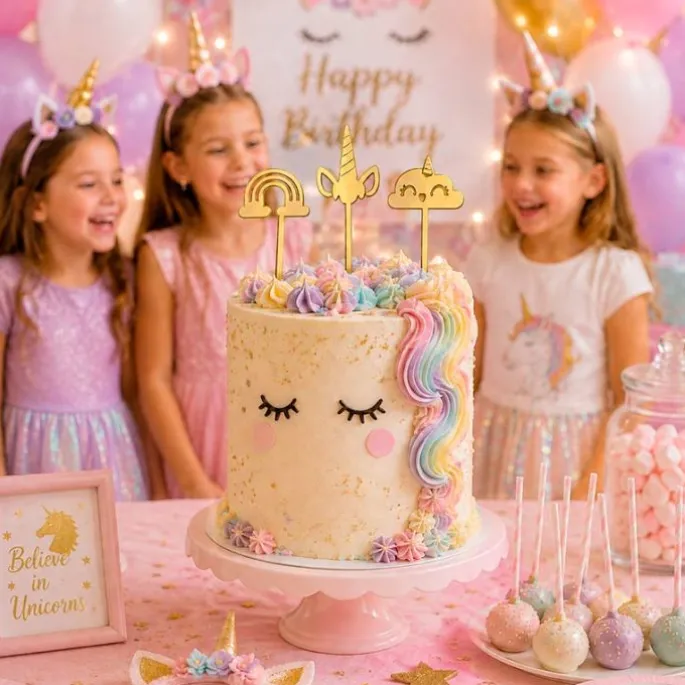 Toppers para tartas dorados unicornio, arcoíris y nube 6 cm (3)