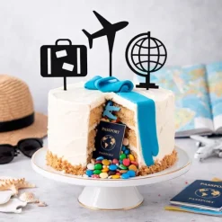 Toppers para tartas negros maleta, avión y bola del mundo 6 cm (3)