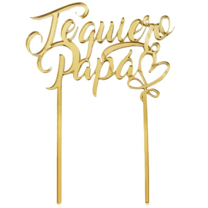 Topper Te quiero papá con corazón acrílico dorado efecto espejo 14 cm