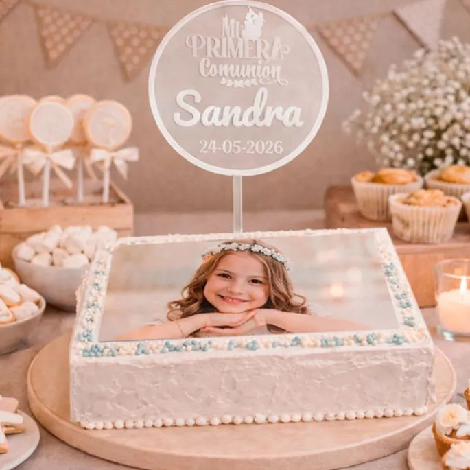 Topper transparente personalizado Mi Primera Comunión nombre y fecha