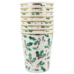 Vasos de papel acebo Navidad 250 ml (8) - Meri Meri