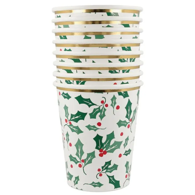 Vasos de papel acebo Navidad 250 ml (8) - Meri Meri