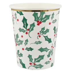 Vasos de papel acebo Navidad 250 ml (8) - Meri Meri