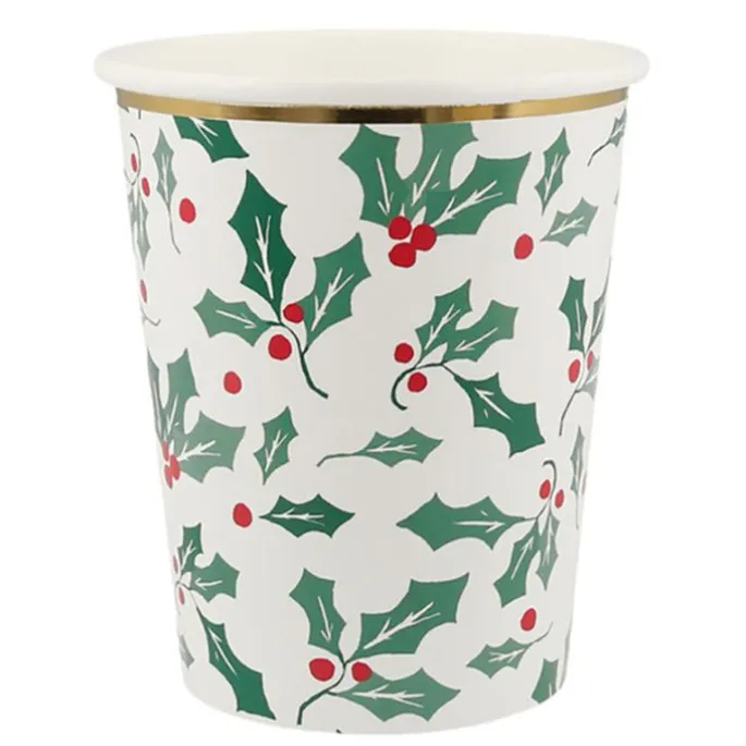 Vasos de papel acebo Navidad 250 ml (8) - Meri Meri