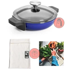 Wok Iron azul cobalto tapa cristal 20 cm - Hierro fundido - Woll + REGALO bolsa conservación